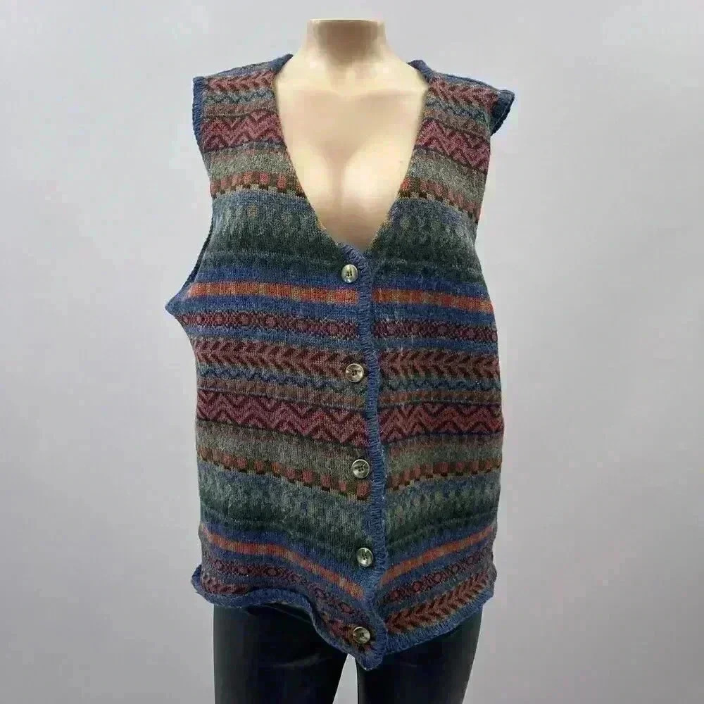 Vintage Time Out Sweater Vest M/L Women Knit Wool Sleeveless Button Pattern